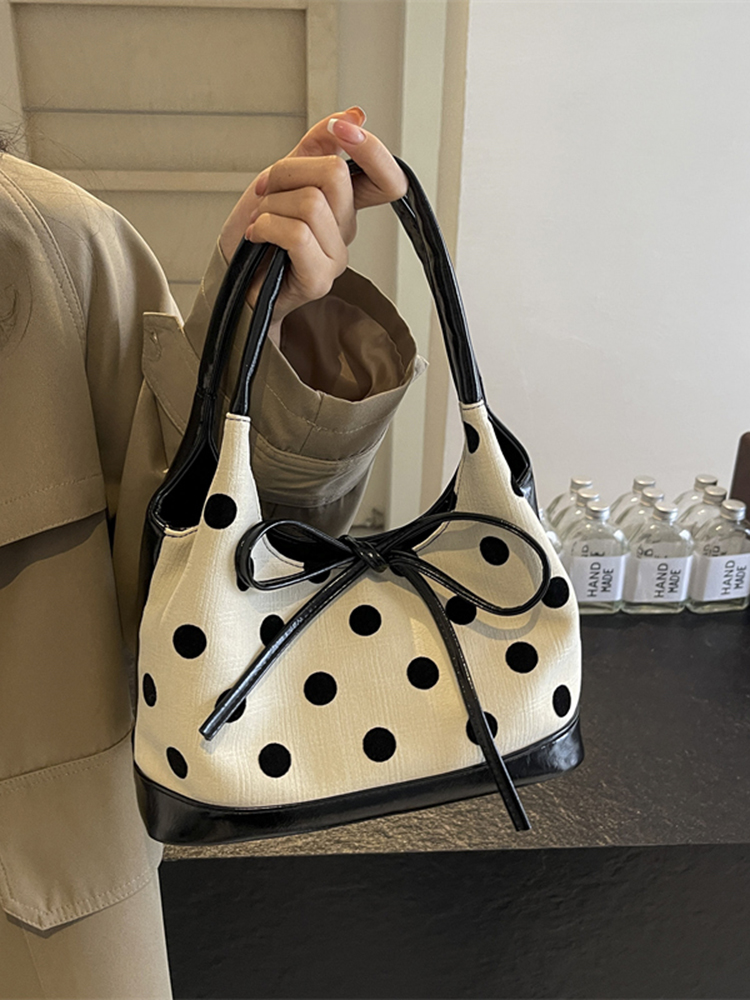 Japanese-Style Minimalist Polka Dot Bucket Bag for Women – Large Capacity Tote with Bow, 2025 Trendy Design Japanese-Style Minimalist Polka Dot Bucket Bag for Women – Large Capacity Tote with Bow, 2025 Trendy Design