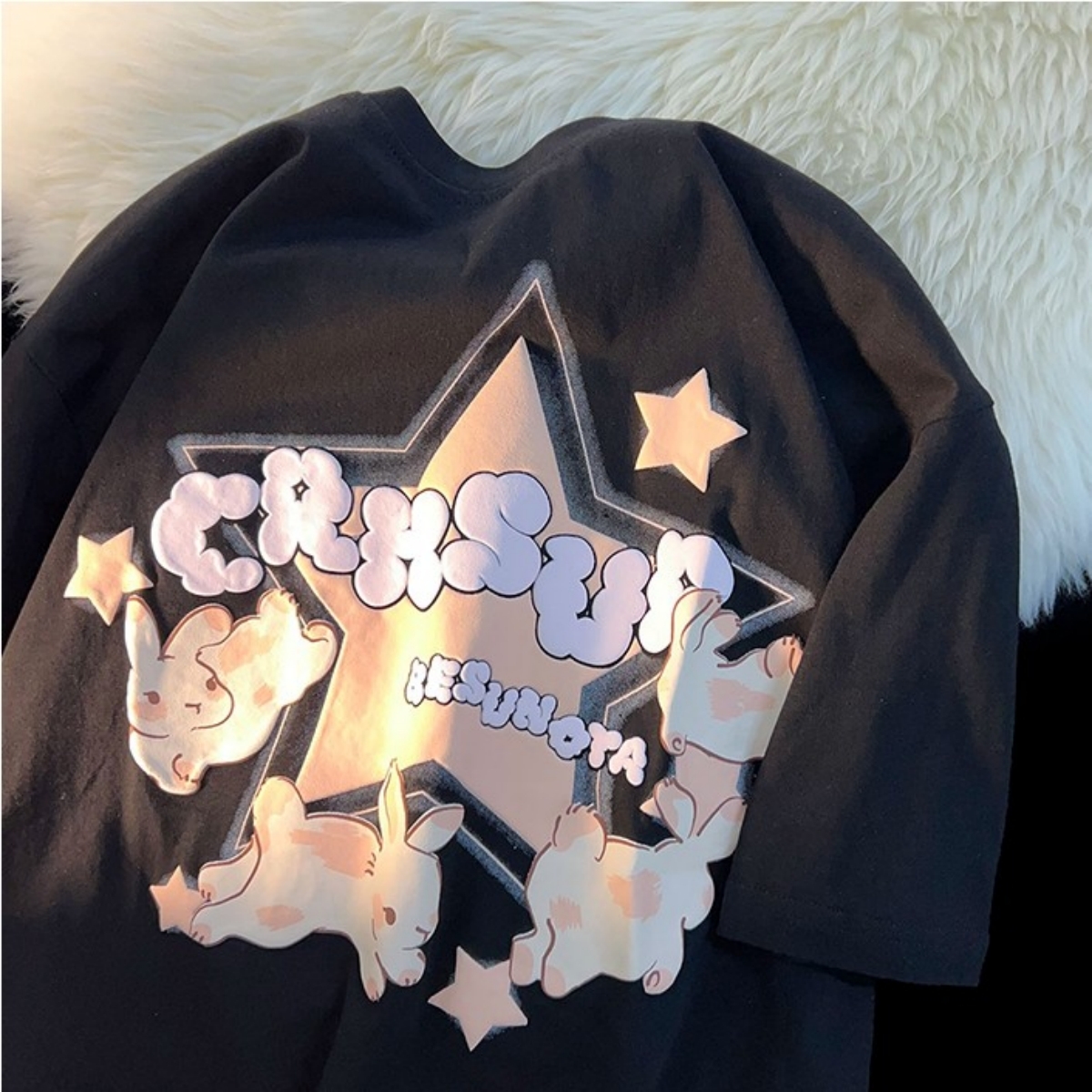 Japanese-Style Retro Cartoon Rabbit Print Short Sleeve T-Shirt for Men & Women, Plus Size, Loose Fit, Pure Cotton Couple Top Japanese-Style Retro Cartoon Rabbit Print Short Sleeve T-Shirt for Men & Women, Plus Size, Loose Fit, Pure Cotton Couple Top