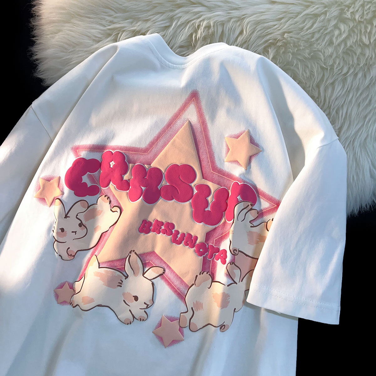 Japanese-Style Retro Cartoon Rabbit Print Short Sleeve T-Shirt for Men & Women, Plus Size, Loose Fit, Pure Cotton Couple Top Japanese-Style Retro Cartoon Rabbit Print Short Sleeve T-Shirt for Men & Women, Plus Size, Loose Fit, Pure Cotton Couple Top