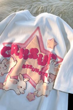 Japanese-Style Retro Cartoon Rabbit Print Short Sleeve T-Shirt for Men & Women, Plus Size, Loose Fit, Pure Cotton Couple Top