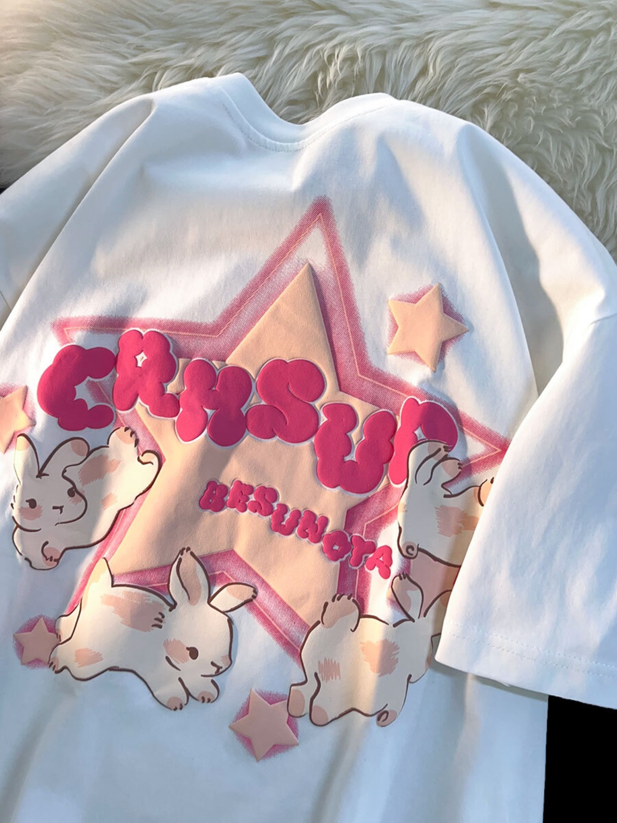 Japanese-Style Retro Cartoon Rabbit Print Short Sleeve T-Shirt for Men & Women, Plus Size, Loose Fit, Pure Cotton Couple Top Japanese-Style Retro Cartoon Rabbit Print Short Sleeve T-Shirt for Men & Women, Plus Size, Loose Fit, Pure Cotton Couple Top