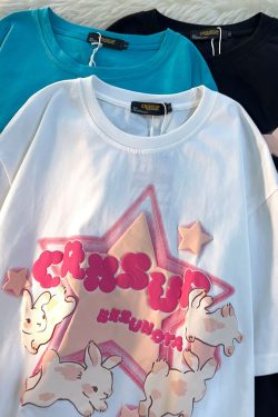 Japanese-Style Retro Cartoon Rabbit Print Short Sleeve T-Shirt for Men & Women, Plus Size, Loose Fit, Pure Cotton Couple Top