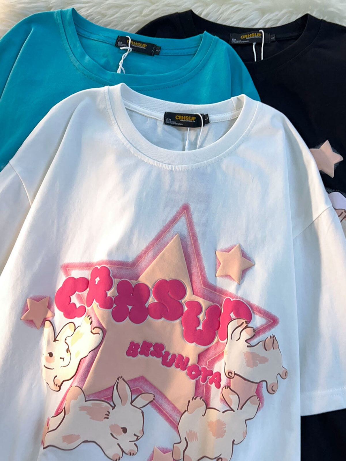 Japanese-Style Retro Cartoon Rabbit Print Short Sleeve T-Shirt for Men & Women, Plus Size, Loose Fit, Pure Cotton Couple Top Japanese-Style Retro Cartoon Rabbit Print Short Sleeve T-Shirt for Men & Women, Plus Size, Loose Fit, Pure Cotton Couple Top