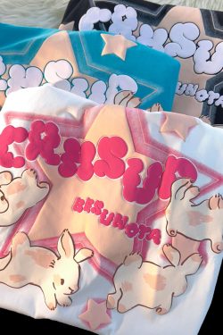 Japanese-Style Retro Cartoon Rabbit Print Short Sleeve T-Shirt for Men & Women, Plus Size, Loose Fit, Pure Cotton Couple Top