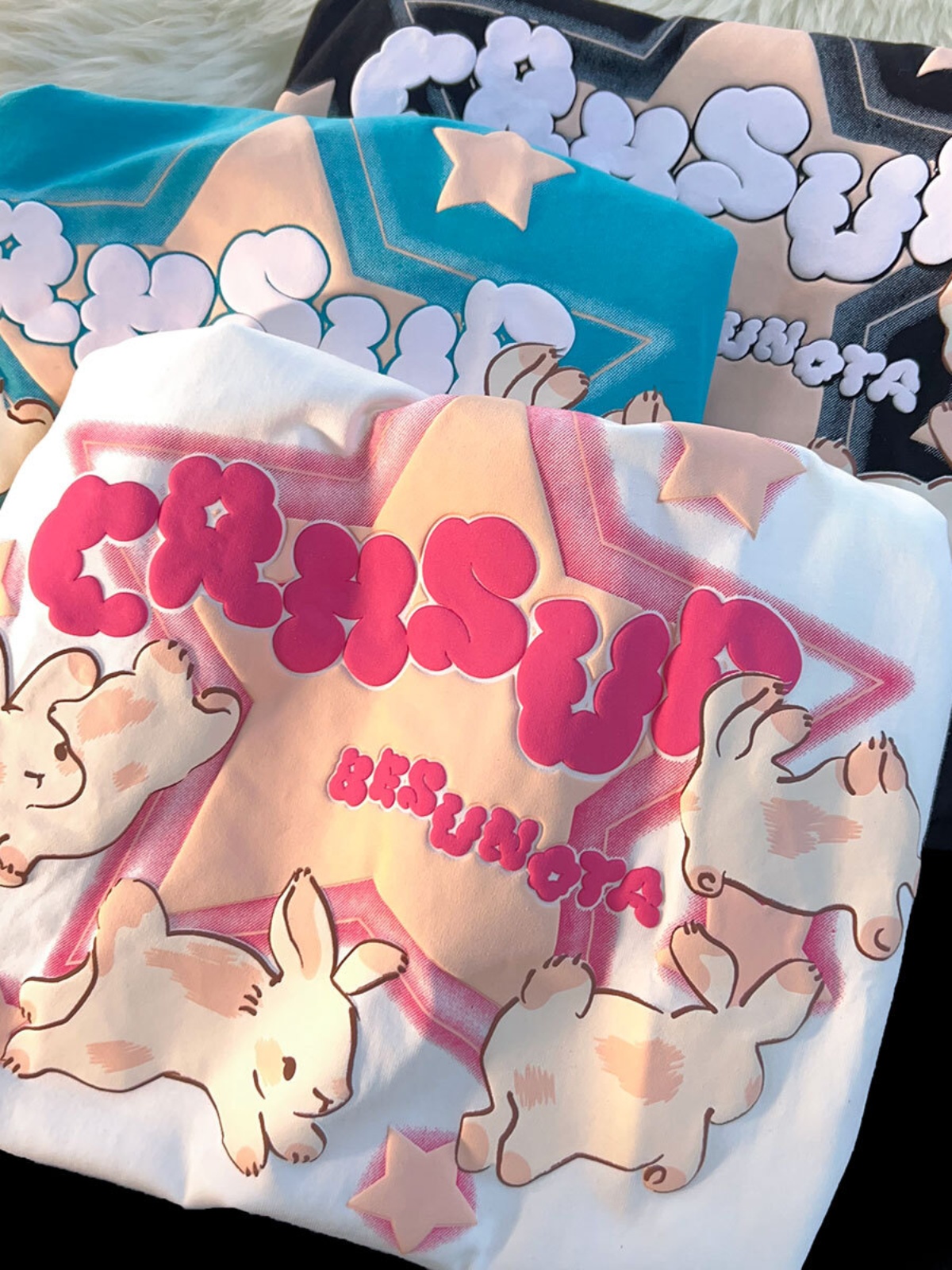 Japanese-Style Retro Cartoon Rabbit Print Short Sleeve T-Shirt for Men & Women, Plus Size, Loose Fit, Pure Cotton Couple Top Japanese-Style Retro Cartoon Rabbit Print Short Sleeve T-Shirt for Men & Women, Plus Size, Loose Fit, Pure Cotton Couple Top