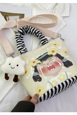 Japanese-Style Summer Canvas Handheld Bucket Bag for Women - Cute Cartoon Design, Versatile Crossbody & Shoulder Bag