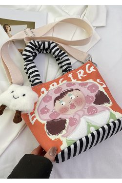 Japanese-Style Summer Canvas Handheld Bucket Bag for Women - Cute Cartoon Design, Versatile Crossbody & Shoulder Bag