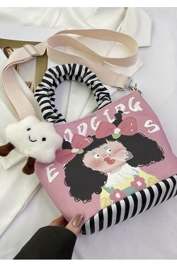 Japanese-Style Summer Canvas Handheld Bucket Bag for Women - Cute Cartoon Design, Versatile Crossbody & Shoulder Bag