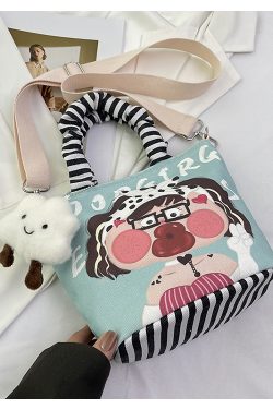 Japanese-Style Summer Canvas Handheld Bucket Bag for Women - Cute Cartoon Design, Versatile Crossbody & Shoulder Bag