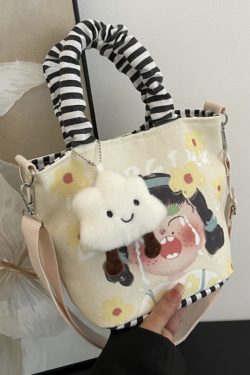 Japanese-Style Summer Canvas Handheld Bucket Bag for Women - Cute Cartoon Design, Versatile Crossbody & Shoulder Bag
