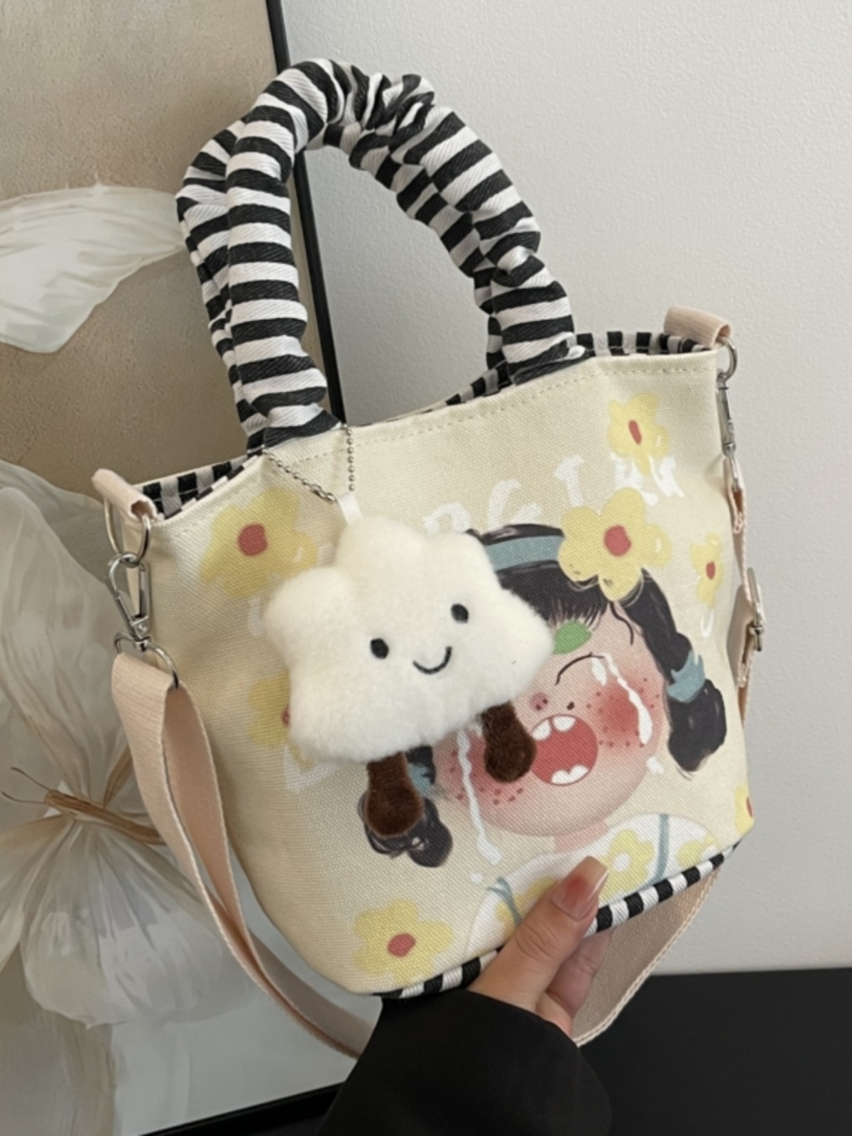 Japanese-Style Summer Canvas Handheld Bucket Bag for Women - Cute Cartoon Design, Versatile Crossbody & Shoulder Bag Japanese-Style Summer Canvas Handheld Bucket Bag for Women - Cute Cartoon Design, Versatile Crossbody & Shoulder Bag