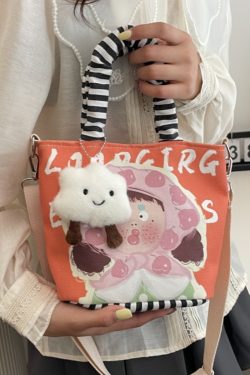Japanese-Style Summer Canvas Handheld Bucket Bag for Women - Cute Cartoon Design, Versatile Crossbody & Shoulder Bag