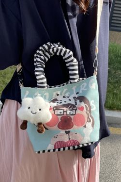 Japanese-Style Summer Canvas Handheld Bucket Bag for Women - Cute Cartoon Design, Versatile Crossbody & Shoulder Bag