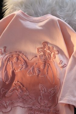 Japanese-Style Sweet Rabbit Print Short-Sleeve T-Shirt for Men & Women, Plus Size, Loose-Fitting, College Style, Pure Cotton, Versatile Couple Top