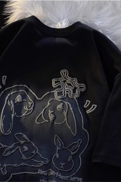 Japanese-Style Sweet Rabbit Print Short-Sleeve T-Shirt for Men & Women, Plus Size, Loose-Fitting, College Style, Pure Cotton, Versatile Couple Top