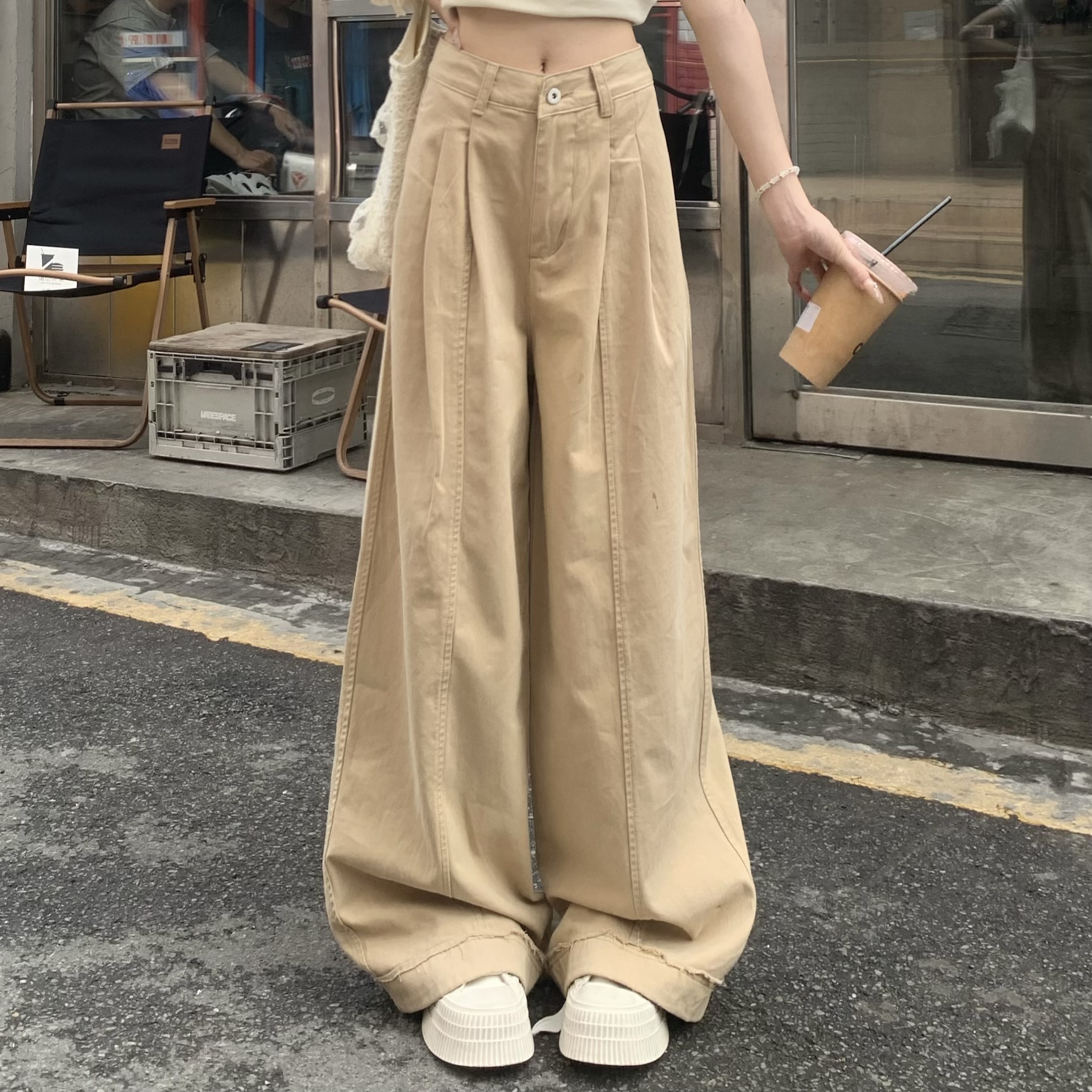 Khaki Draped Loose Straight Casual Pants for Women - Summer Korean Style Wide Leg Floor-Length Trousers Khaki Draped Loose Straight Casual Pants for Women - Summer Korean Style Wide Leg Floor-Length Trousers