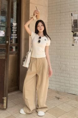 Khaki Draped Loose Straight Casual Pants for Women - Summer Korean Style Wide Leg Floor-Length Trousers