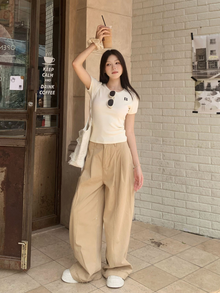 Khaki Draped Loose Straight Casual Pants for Women - Summer Korean Style Wide Leg Floor-Length Trousers Khaki Draped Loose Straight Casual Pants for Women - Summer Korean Style Wide Leg Floor-Length Trousers