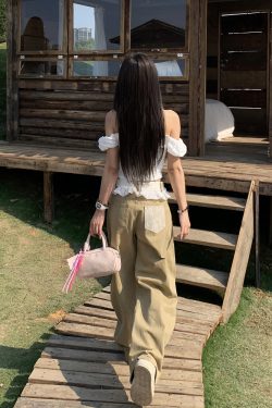 Khaki Lace Trim Spliced Denim Pants for Women - Spring Mid-Waist Slim Fit Wide-Leg Curved Style, Trendy Y2K Fashion