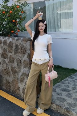 Khaki Lace Trim Spliced Denim Pants for Women - Spring Mid-Waist Slim Fit Wide-Leg Curved Style, Trendy Y2K Fashion