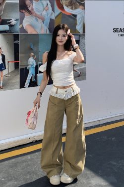 Khaki Lace Trim Spliced Denim Pants for Women - Spring Mid-Waist Slim Fit Wide-Leg Curved Style, Trendy Y2K Fashion