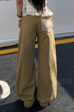 Khaki Lace Trim Spliced Denim Pants for Women - Spring Mid-Waist Slim Fit Wide-Leg Curved Style, Trendy Y2K Fashion