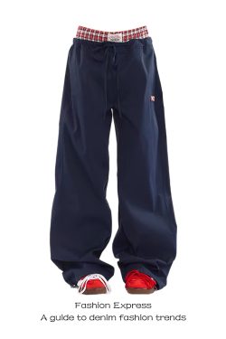 Klein Blue Double-Waist Spliced Faux Two-Piece Casual Pants - 2025 Low-Waist Straight Wide-Leg Style for Autumn & Winter