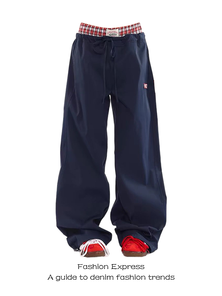 Klein Blue Double-Waist Spliced Faux Two-Piece Casual Pants - 2025 Low-Waist Straight Wide-Leg Style for Autumn & Winter Klein Blue Double-Waist Spliced Faux Two-Piece Casual Pants - 2025 Low-Waist Straight Wide-Leg Style for Autumn & Winter