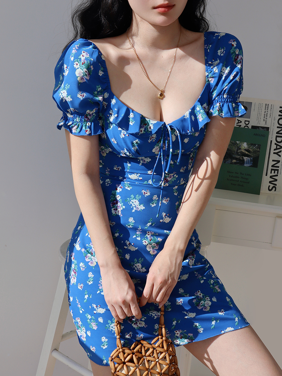 Klein Blue Floral Puff Sleeve Dress - Slim Fit, Waist-Defined, Versatile Vacation Style, Perfect for Summer Outings and 90s Inspired Looks Klein Blue Floral Puff Sleeve Dress - Slim Fit, Waist-Defined, Versatile Vacation Style, Perfect for Summer Outings and 90s Inspired Looks