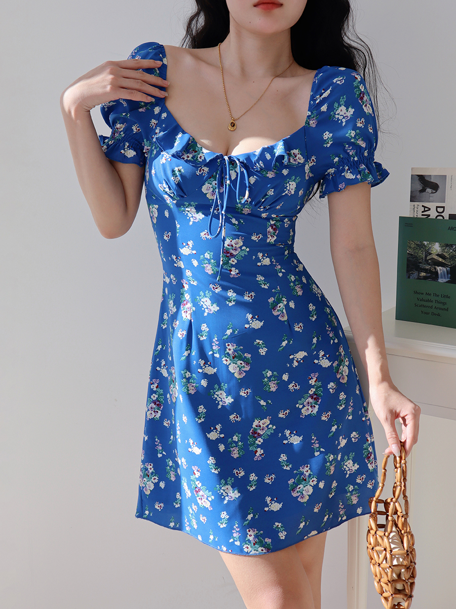 Klein Blue Floral Puff Sleeve Dress - Slim Fit, Waist-Defined, Versatile Vacation Style, Perfect for Summer Outings and 90s Inspired Looks Klein Blue Floral Puff Sleeve Dress - Slim Fit, Waist-Defined, Versatile Vacation Style, Perfect for Summer Outings and 90s Inspired Looks