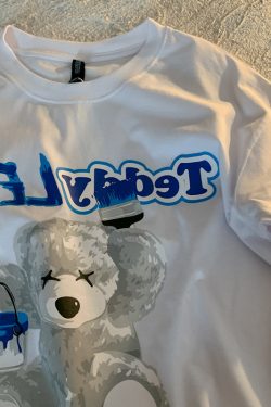 Klein Blue Teddy Bear Graphic Plus Size Short Sleeve T-shirt for Women and Men, Loose Fit Cotton Couple Top, Casual Streetwear