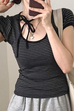 Korean Aesthetic Striped One-Shoulder Sheer Long Sleeve T-Shirt Top for Women - Lightweight Versatile Fashion Essential