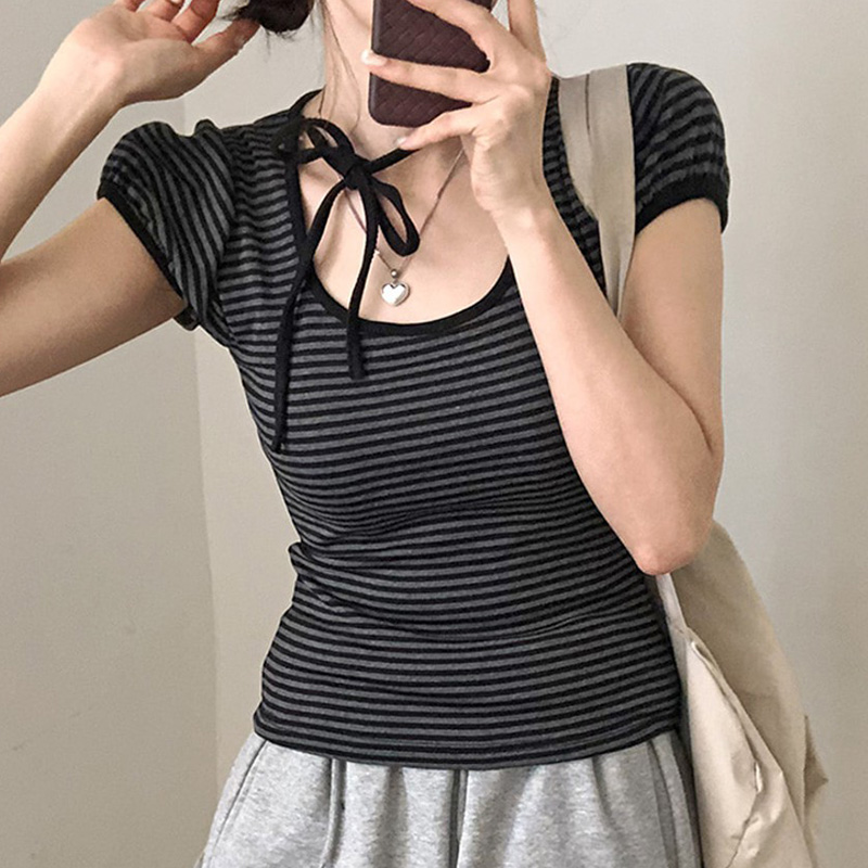 Korean Aesthetic Striped One-Shoulder Sheer Long Sleeve T-Shirt Top for Women - Lightweight Versatile Fashion Essential Korean Aesthetic Striped One-Shoulder Sheer Long Sleeve T-Shirt Top for Women - Lightweight Versatile Fashion Essential