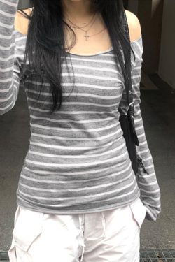 Korean Aesthetic Striped One-Shoulder Sheer Long Sleeve T-Shirt Top for Women - Lightweight Versatile Fashion Essential