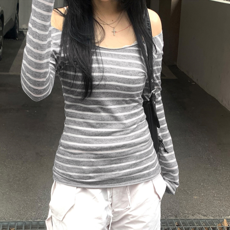 Korean Aesthetic Striped One-Shoulder Sheer Long Sleeve T-Shirt Top for Women - Lightweight Versatile Fashion Essential Korean Aesthetic Striped One-Shoulder Sheer Long Sleeve T-Shirt Top for Women - Lightweight Versatile Fashion Essential