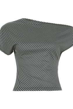 Korean Aesthetic Striped One-Shoulder Sheer Long Sleeve T-Shirt Top for Women - Lightweight Versatile Fashion Essential