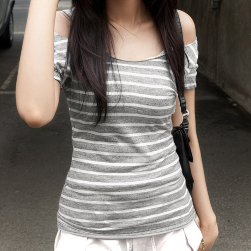 Korean Aesthetic Striped One-Shoulder Sheer Long Sleeve T-Shirt Top for Women - Lightweight Versatile Fashion Essential Korean Aesthetic Striped One-Shoulder Sheer Long Sleeve T-Shirt Top for Women - Lightweight Versatile Fashion Essential