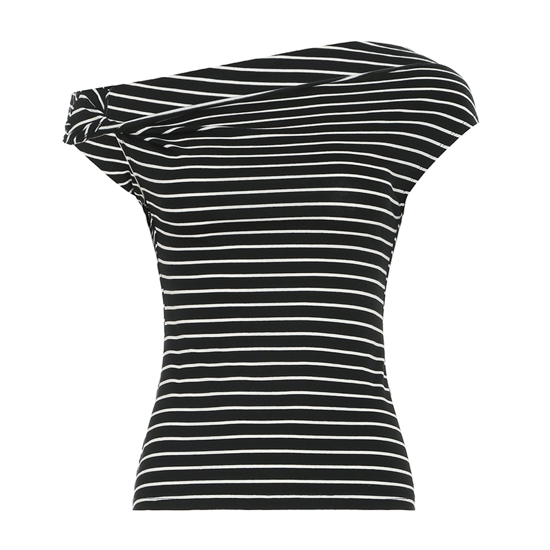 Korean Aesthetic Striped One-Shoulder Sheer Long Sleeve T-Shirt Top for Women - Lightweight Versatile Fashion Essential Korean Aesthetic Striped One-Shoulder Sheer Long Sleeve T-Shirt Top for Women - Lightweight Versatile Fashion Essential