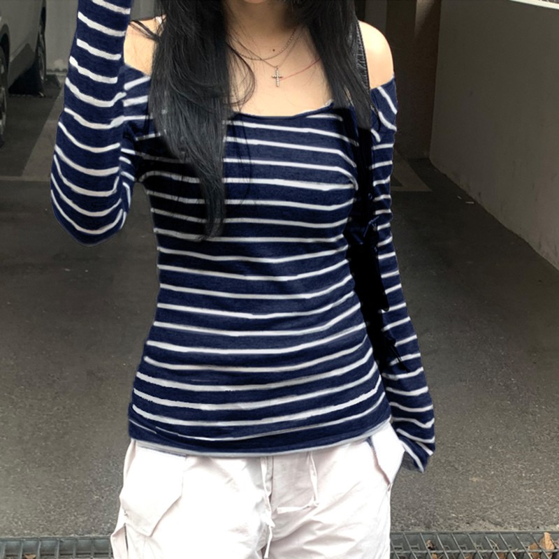 Korean Aesthetic Striped One-Shoulder Sheer Long Sleeve T-Shirt Top for Women - Lightweight Versatile Fashion Essential Korean Aesthetic Striped One-Shoulder Sheer Long Sleeve T-Shirt Top for Women - Lightweight Versatile Fashion Essential