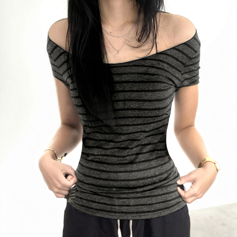 Korean Aesthetic Striped One-Shoulder Sheer Long Sleeve T-Shirt Top for Women - Lightweight Versatile Fashion Essential Korean Aesthetic Striped One-Shoulder Sheer Long Sleeve T-Shirt Top for Women - Lightweight Versatile Fashion Essential