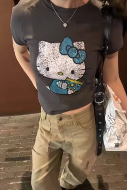 Korean Retro Streetwear Distressed Kitty Cat Print Fitted T-Shirt for Women - Summer Slim Short Sleeves, Waist-Cinching Style