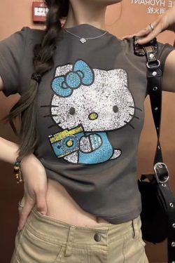 Korean Retro Streetwear Distressed Kitty Cat Print Fitted T-Shirt for Women - Summer Slim Short Sleeves, Waist-Cinching Style