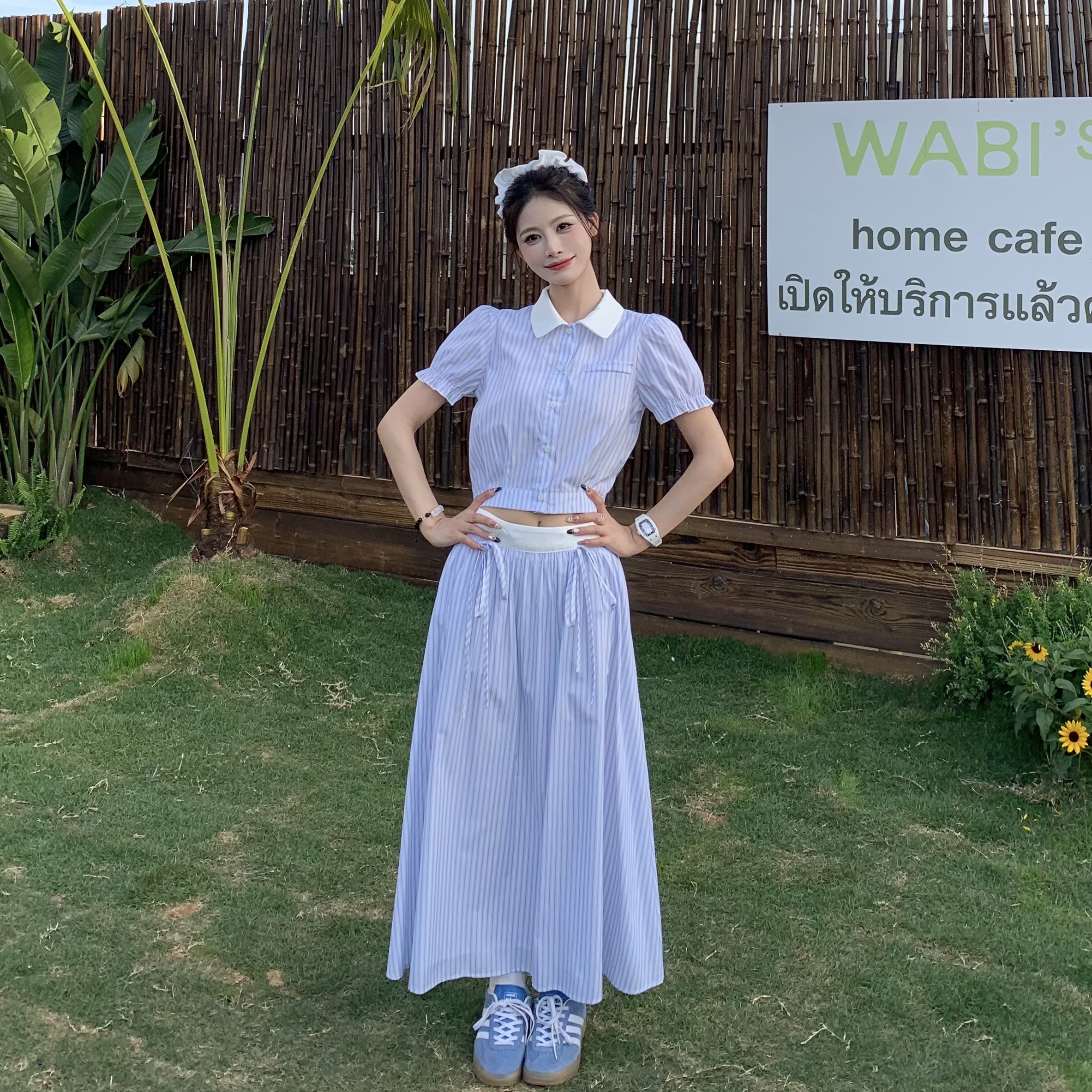 Korean Style Blue Striped Dress Set for Women - Sweet Sister Long Skirt Two-Piece Set - Summer 2025 Fashion Korean Style Blue Striped Dress Set for Women - Sweet Sister Long Skirt Two-Piece Set - Summer 2025 Fashion