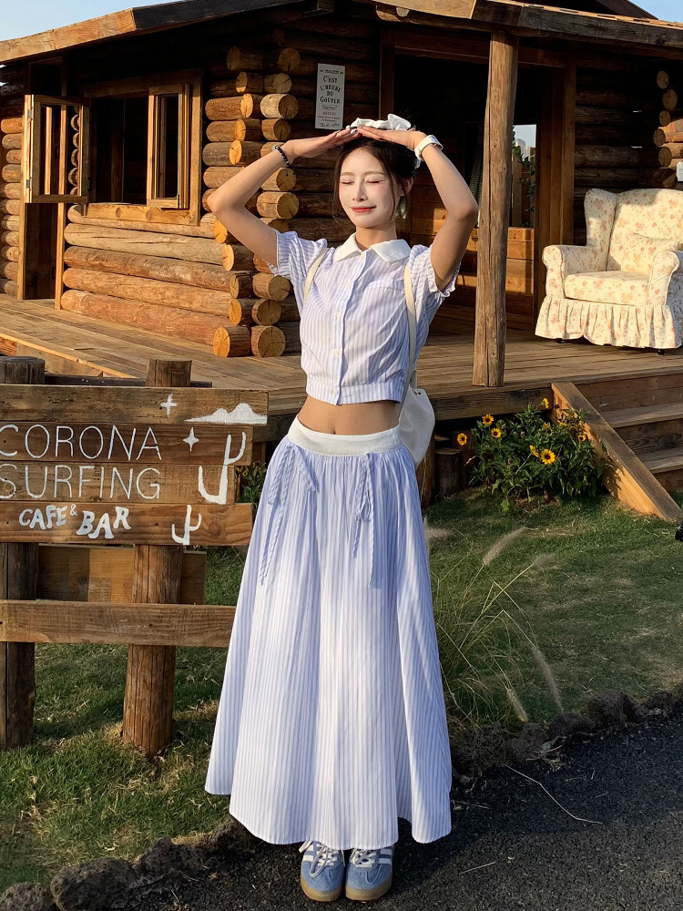 Korean Style Blue Striped Dress Set for Women - Sweet Sister Long Skirt Two-Piece Set - Summer 2025 Fashion Korean Style Blue Striped Dress Set for Women - Sweet Sister Long Skirt Two-Piece Set - Summer 2025 Fashion