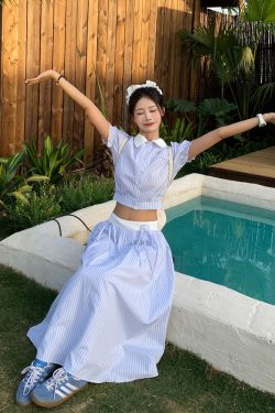 Korean Style Blue Striped Dress Set for Women - Sweet Sister Long Skirt Two-Piece Set - Summer 2025 Fashion