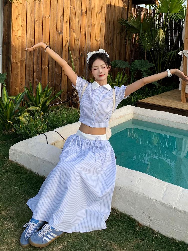 Korean Style Blue Striped Dress Set for Women - Sweet Sister Long Skirt Two-Piece Set - Summer 2025 Fashion Korean Style Blue Striped Dress Set for Women - Sweet Sister Long Skirt Two-Piece Set - Summer 2025 Fashion