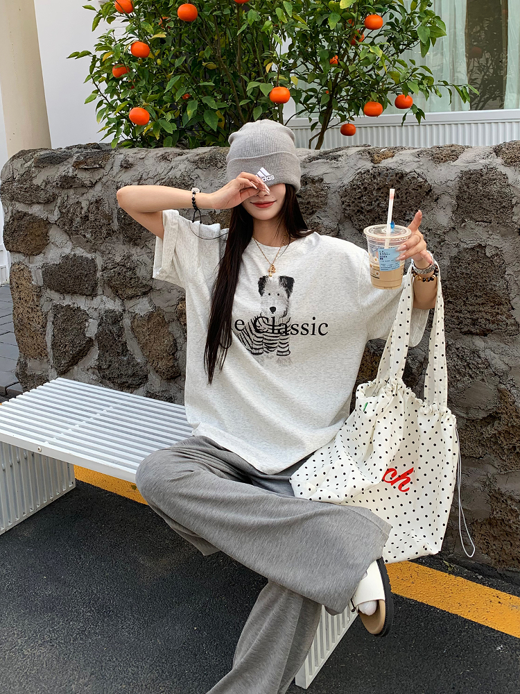 Korean Style Dog Print Round Neck Short Sleeve T-Shirt for Women - 2025 Summer Loose Slim Fit Top Korean Style Dog Print Round Neck Short Sleeve T-Shirt for Women - 2025 Summer Loose Slim Fit Top