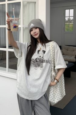 Korean Style Dog Print Round Neck Short Sleeve T-Shirt for Women - 2025 Summer Loose Slim Fit Top