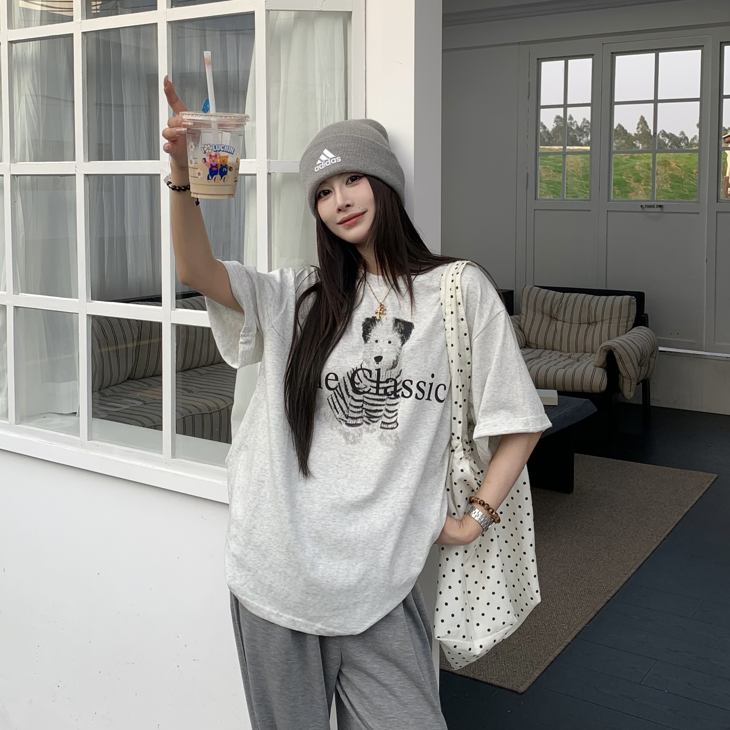 Korean Style Dog Print Round Neck Short Sleeve T-Shirt for Women - 2025 Summer Loose Slim Fit Top Korean Style Dog Print Round Neck Short Sleeve T-Shirt for Women - 2025 Summer Loose Slim Fit Top