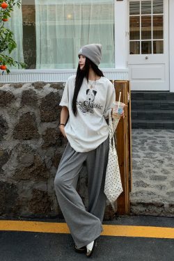 Korean Style Dog Print Round Neck Short Sleeve T-Shirt for Women - 2025 Summer Loose Slim Fit Top